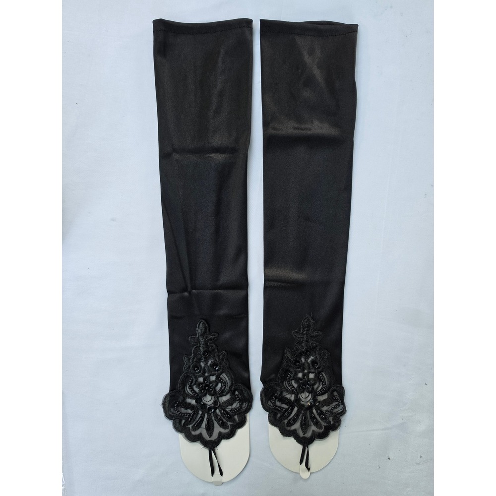 Black Satin Lace Fingerless Opera Gloves Beaded Gothic Arm Warmers